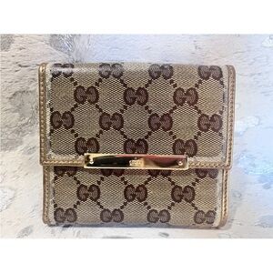 AUTHENTIC Gucci Monogram W Hook Compact Wallet With GOLD leather Interior